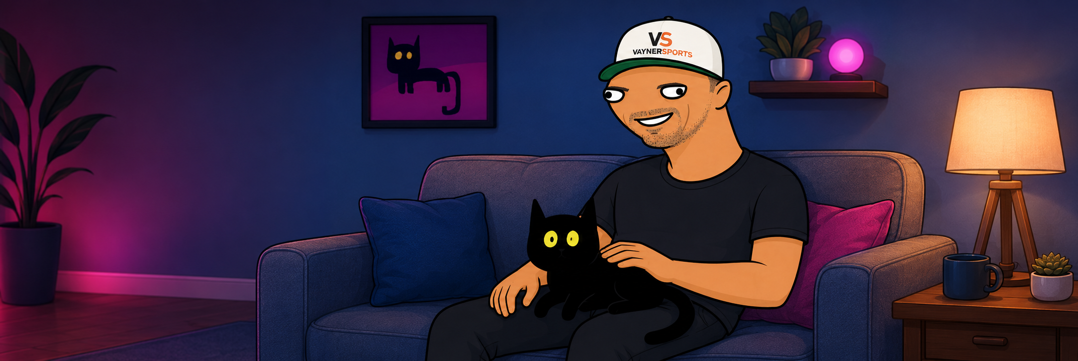 Gery relaxing on a couch with a black cat curled up on his lap